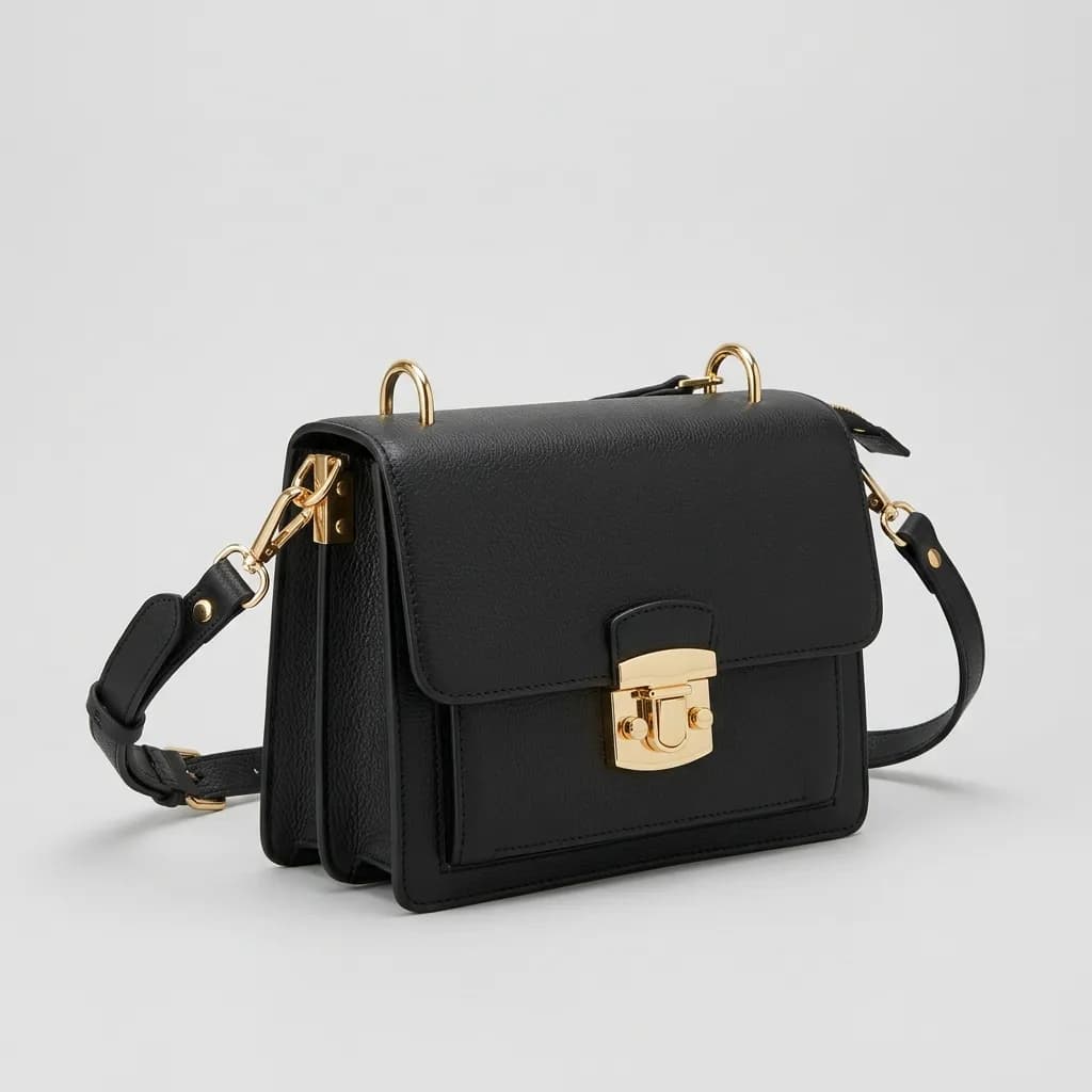 Bolso Cruzado Femenino de Cuero Legítimo Negro Estructurado