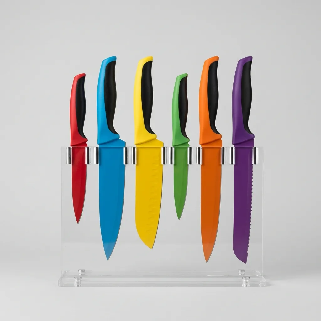 Kit 6 Facas Coloridas em Aço Inox Antiaderente com Suporte de Bancada